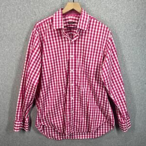 J.McLaughlin Mens L Pink Gingham Button-Up Shirt Cottage Preppy Coastal